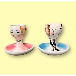 Vintage 50s 60s Couple Egg Cups Dishes Pair Flapper Style Mid Century Ceramic